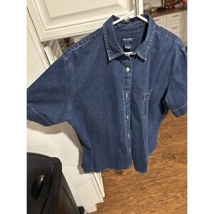 Women's Eddie Bauer Indigo Blue Button Up Short Sleeve Denim Shirt Size XXL Tall